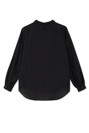 Camicia Black Miley nera con maniche a sbuffo e logo ricamato sul collo, vista dal retro.