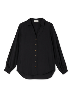 Camicia Black Miley nera con maniche blouson, bottoni tartarugati e silhouette leggera e fluida.