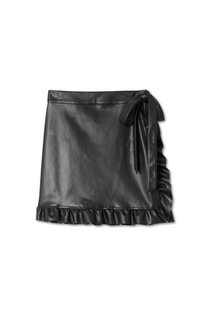 Black vegan leather mini Jaspre wrap skirt with a ruffle trim and adjustable tie fastening.