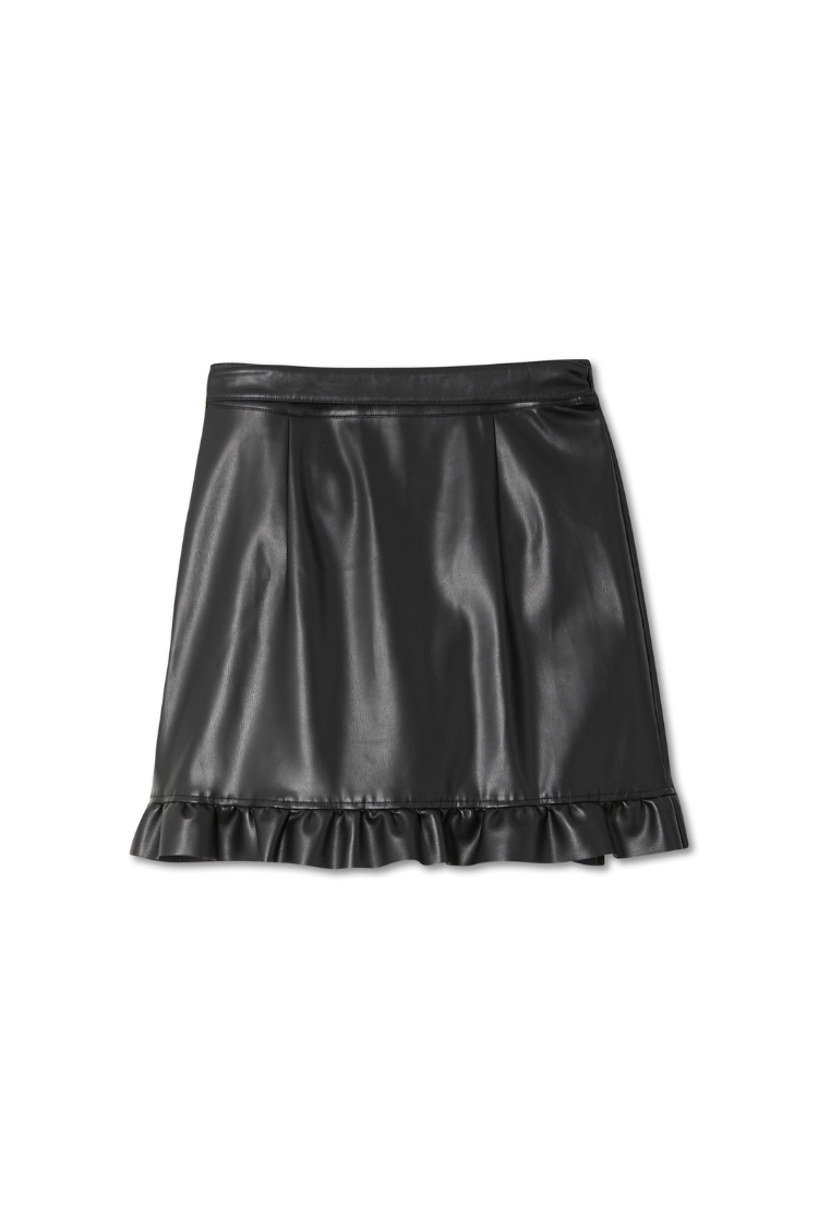 Black Vegan Leather Ruffle Mini Jaspre Skirt featuring a ruffled hem and wrap tie fastening.