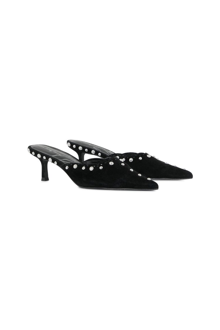 Black suede mules with silver stud detailing, scallop edging and a pointed toe on a low kitten heel.
