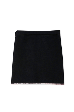 Black Night Garden Mini Wrap Skirt with a pink blanket stitch hem and side wrap tie in a soft-touch knit.