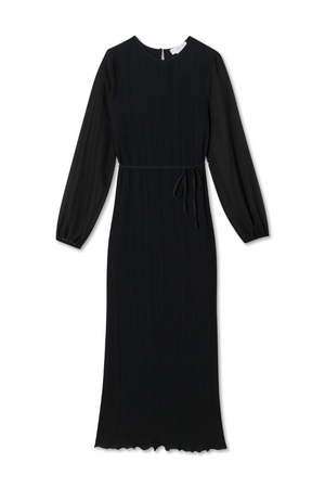 Black Plisse Perrie Dress featuring sheer balloon sleeves, a textured pleated finish, and a tie-waist detail.