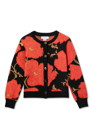 Black Poppy Cardigan featuring a bold red poppy print, wide sleeves and button-up front in a soft knit.