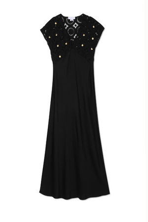 Black Crochet Shell Elodie Dress with a crochet knit top, gold shell details and a satin skirt.