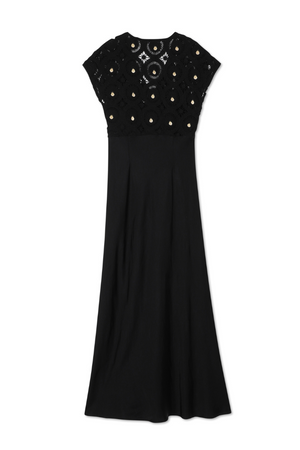 Black Elodie Dress featuring a crochet bodice with gold shell embellishments and a flowing, sleek skirt.
