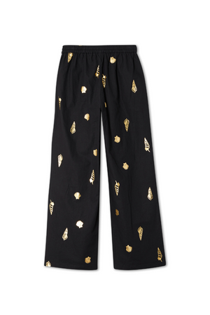 Black Shell Elissa Trousers featuring a gold shell print, wide-leg fit and elasticated waist.