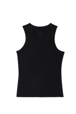 Black Sol Tank Top in a ribbed fabric featuring a subtle logo detail on the upper back.