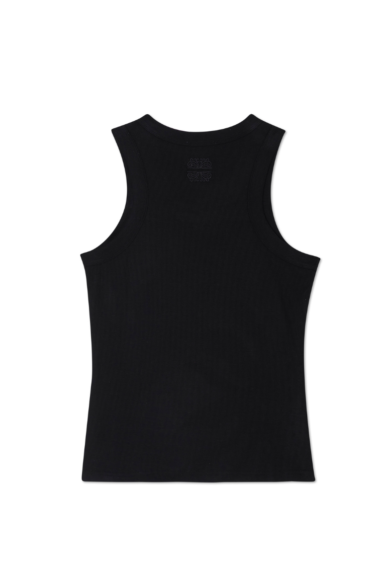 Black Sol Tank Top in a ribbed fabric featuring a subtle logo detail on the upper back.