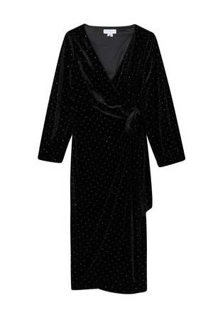 Black Velvet Midi Vienna Dress featuring a silver dot print, wrap tie fastening and long sleeves.