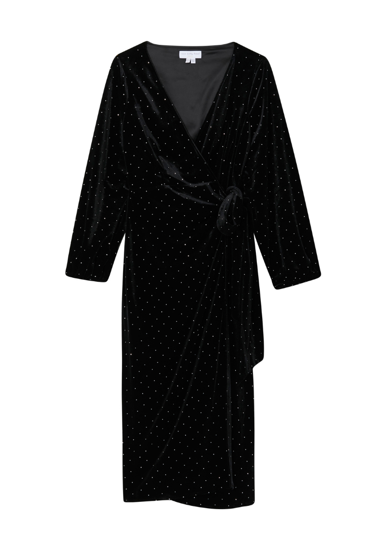 Black Velvet Midi Vienna Dress featuring a silver dot print, wrap tie fastening and long sleeves.