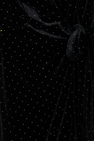 Black Velvet Midi Vienna Dress detail highlighting the silver diamante pattern and side wrap tie fastening.