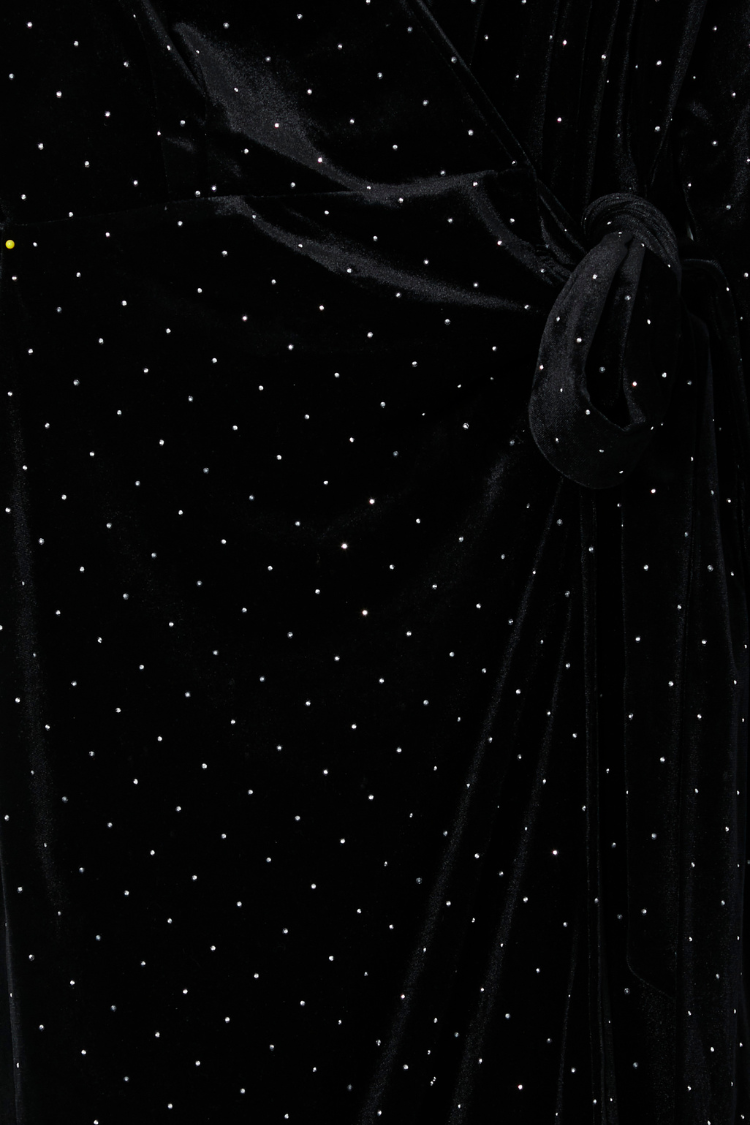 Black Velvet Midi Vienna Dress detail highlighting the silver diamante pattern and side wrap tie fastening.