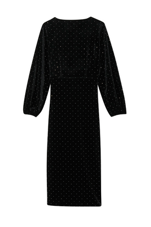 Black Velvet Midi Vienna Dress with long sleeves and silver diamante pattern, shown from the back.