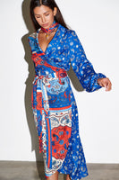 Thumbnail for caption_Model wears Blue Bandana Clash Brooklyn Wrap Dress  in UK size 10/ US 6