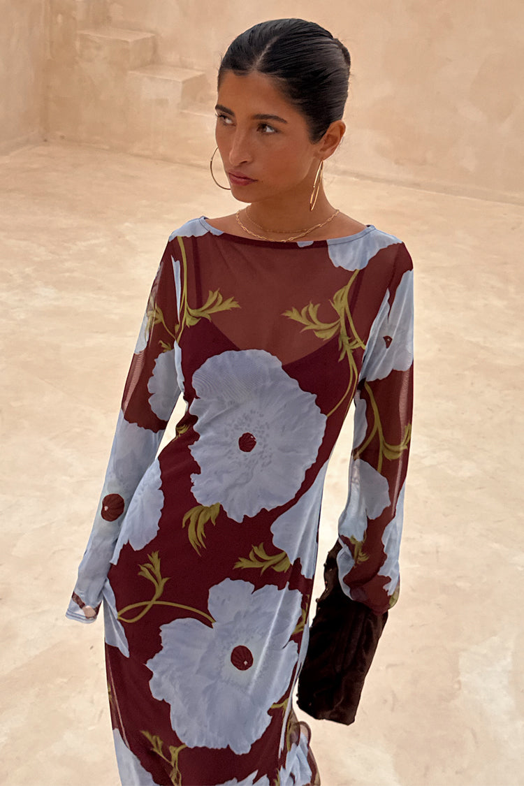 Burgundy & Blue Poppy Aria Dress in sheer mesh featuring a large floral poppy print and long sleeves.