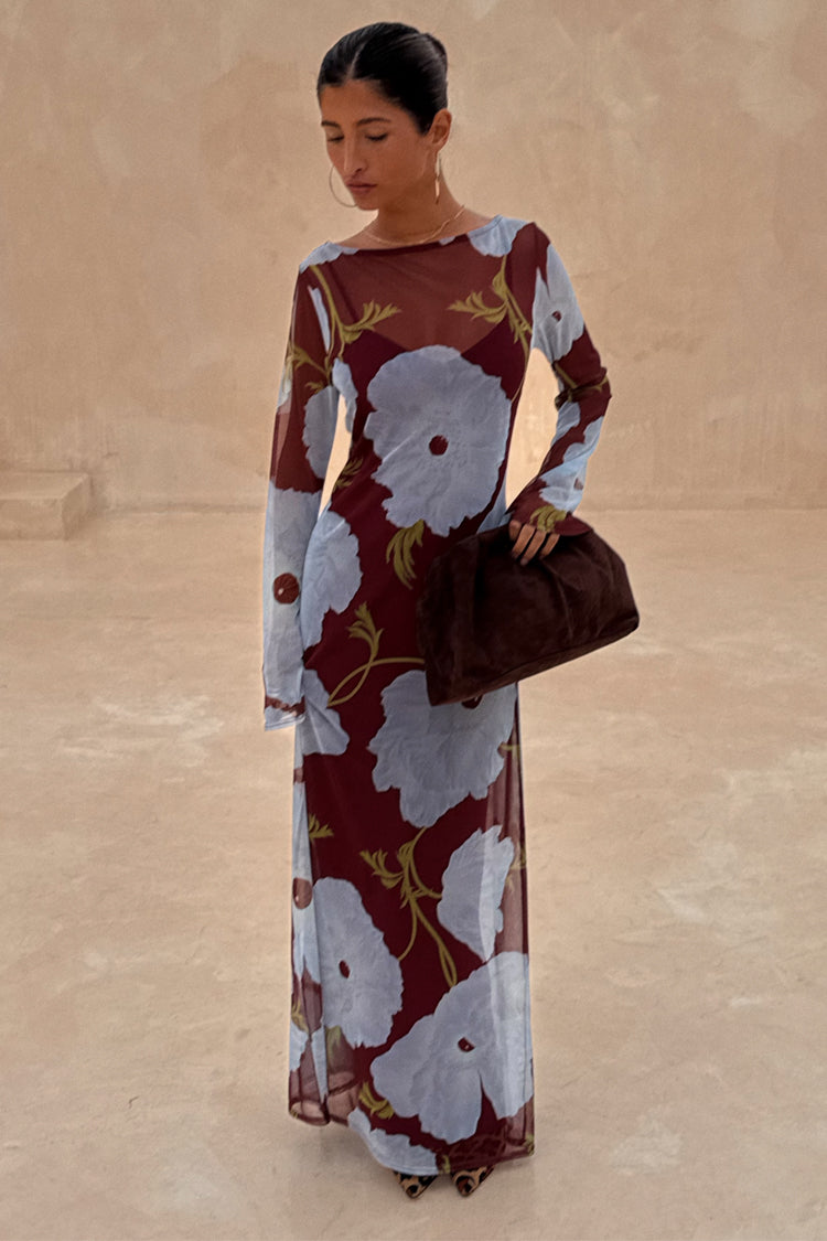 Burgundy and Blue Poppy Aria Dress in sheer mesh with long sleeves and a bold floral print.