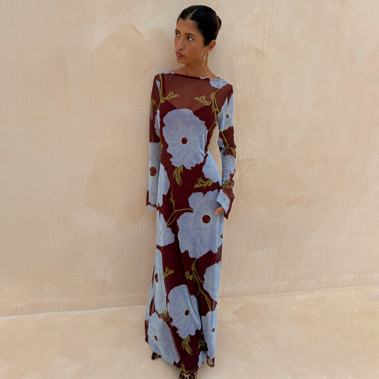 Burgundy and Blue Poppy Aria Dress in sheer mesh featuring a bold poppy print and long sleeves.
