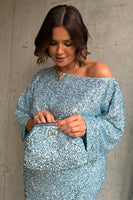 Thumbnail for caption_Model wears Blue Sequin Tilly Top in UK size 10/ US 6