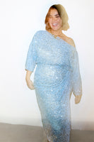 Thumbnail for caption_Model wears Blue Sequin Tilly Top in UK size 18/ US 14