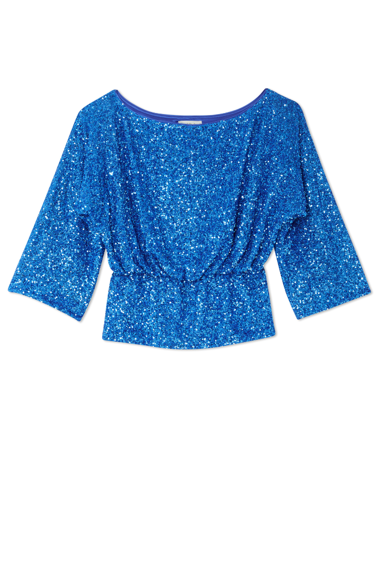 Blue Sequin Tilly Top with a boat neckline, wide sleeves and an elasticated waist, perfect for party season.