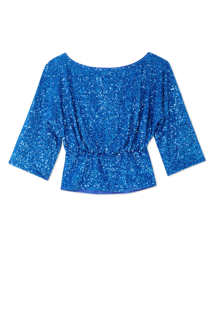 Blue Sequin Tilly Top featuring wide half-length sleeves and a gathered waist with shimmering all-over sequins.