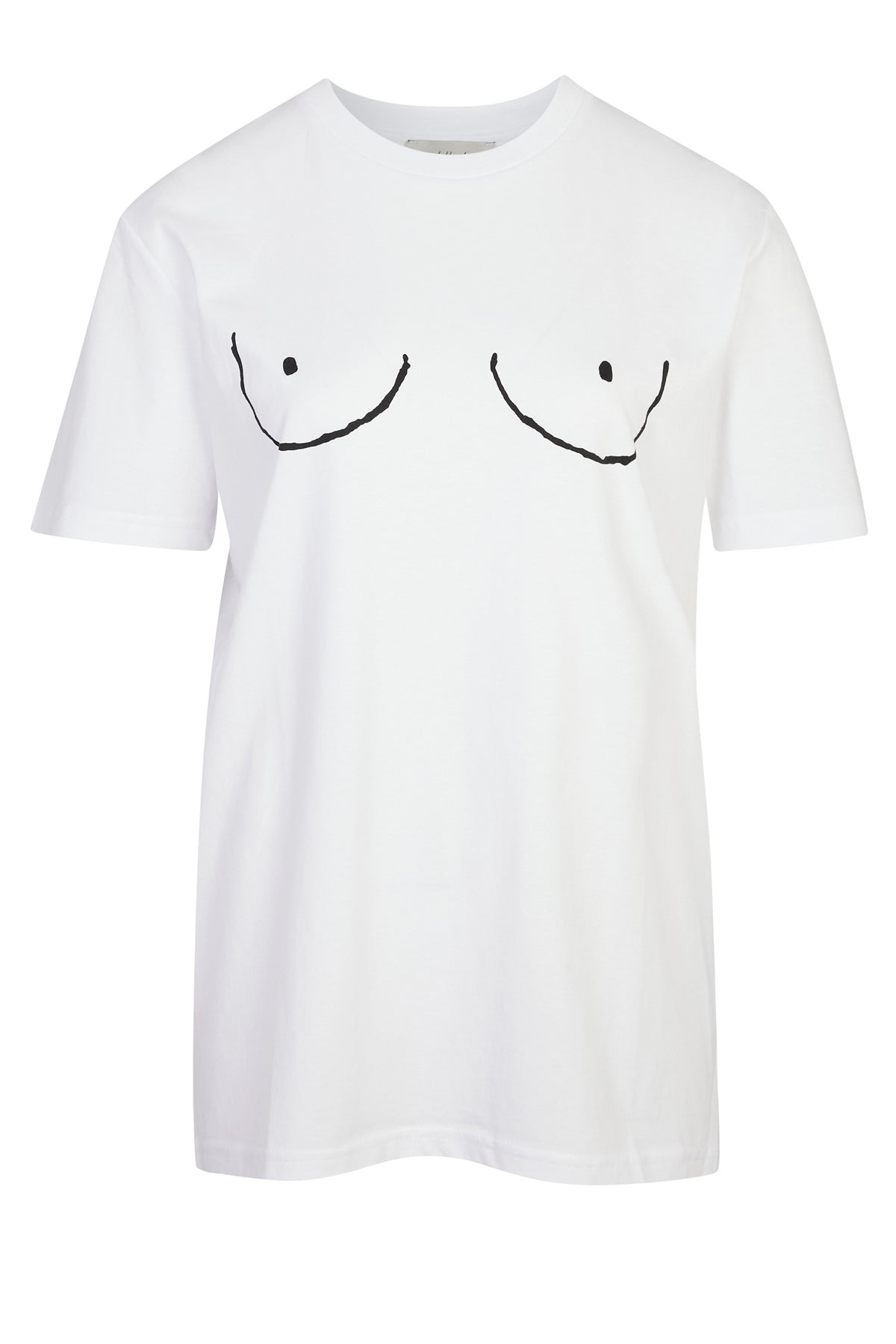 Iconic white Boob T-shirt featuring a black line-art illustration on a 100% cotton base.
