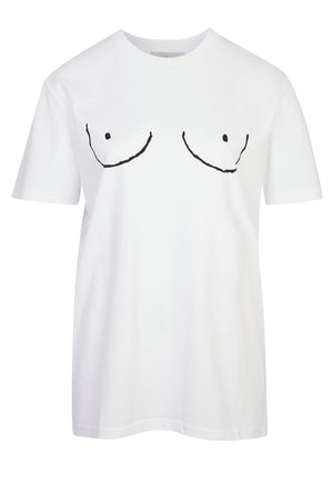 Iconic white Boob T-shirt featuring a black line-art illustration on a 100% cotton base.