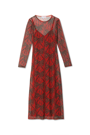 Red Leopard Bow Mesh Dress in sheer mesh with leopard print bows, long sleeves and an included red slip.