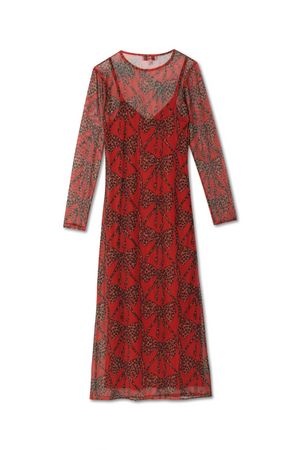 Red Leopard Bow Mesh Dress in sheer mesh fabric with a leopard print bow design and long sleeves.