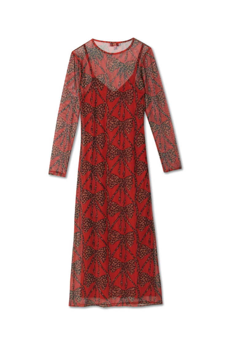 Red Leopard Bow Mesh Dress in sheer mesh fabric with a leopard print bow design and long sleeves.
