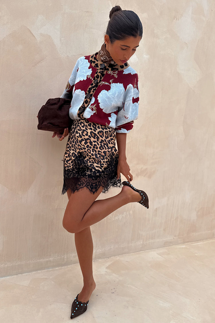Burgundy & Blue Poppy Cardigan with leopard print trim, styled with a lace-hem leopard skirt and brown clutch bag.