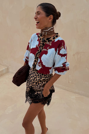 Burgundy & Blue Poppy Cardigan with leopard trim, styled with a leopard and lace mini skirt and brown scarf.