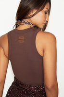 Thumbnail for caption_Model wears Chocolate Cotton Ribbed Tank in UK size S