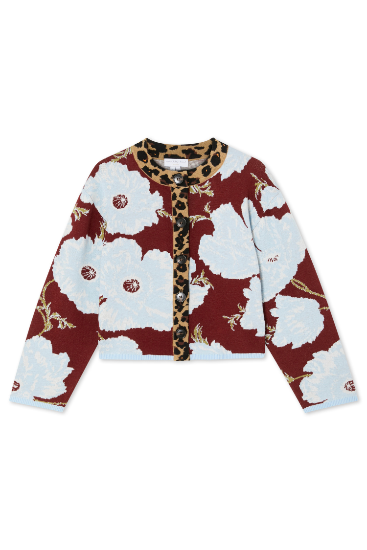Burgundy and blue poppy print cardigan with leopard print trims and a boxy knit fit on a white background.