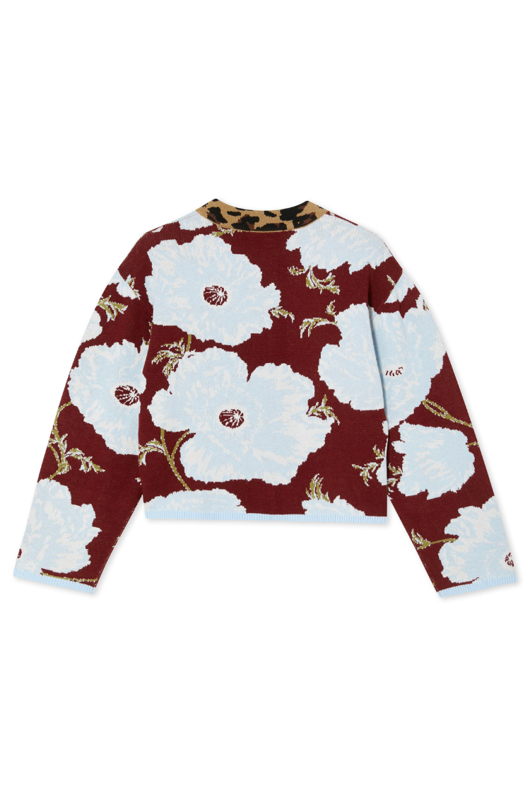 Burgundy and Blue Poppy Cardigan back view featuring a baby blue floral print and leopard trim neckline.