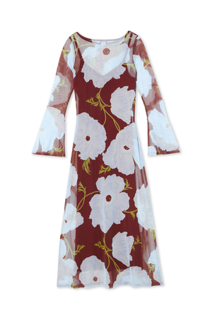 Burgundy Poppy Aria Mesh Dress with a blue poppy print, long flared sleeves and an internal slip.