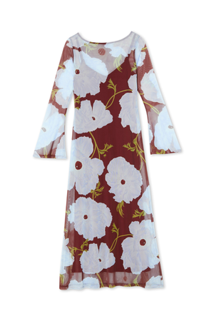 Burgundy & Blue Poppy Aria Mesh Dress with a sheer floral print, matching slip, and long flared sleeves.
