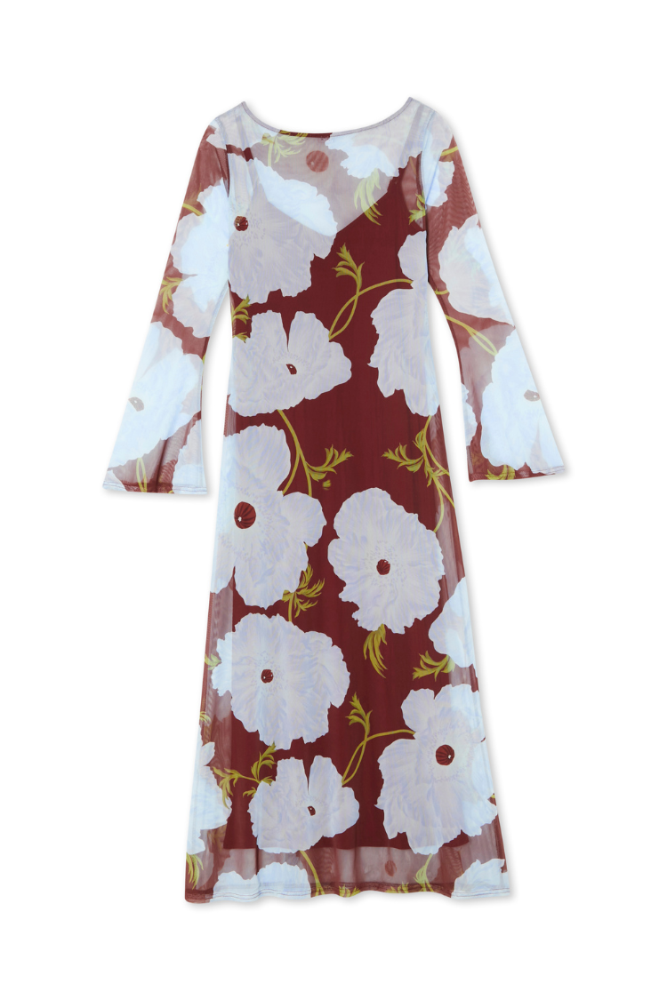 Burgundy & Blue Poppy Aria Mesh Dress with a sheer floral print, matching slip, and long flared sleeves.