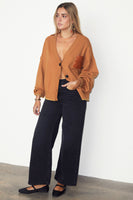 Thumbnail for caption_Model wears  Camel Cardigan With PU Patch in size S