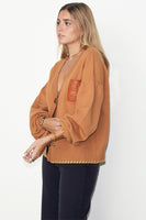 Thumbnail for caption_Model wears  Camel Cardigan With PU Patch in size S