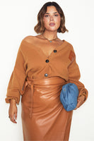 Thumbnail for caption_Model wears  Camel Cardigan With PU Patch in size XL