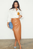 Thumbnail for caption_Model wears Camel Vegan Leather Jaspre Skirt in UK size 8/ US 4