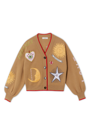 Camel Mystical Cardigan featuring red contrast trim and celestial sun, moon and star embroidery.