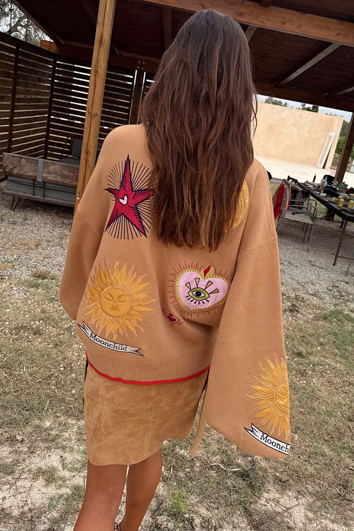 Knit Camel Mystical Cardigan with sun and heart embroidery and Moonchild script on the back and sleeve.