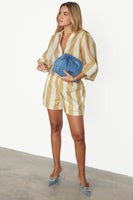 Thumbnail for caption_Model wears Camel Stripe Elissa Shorts in UK size 10/ US 6