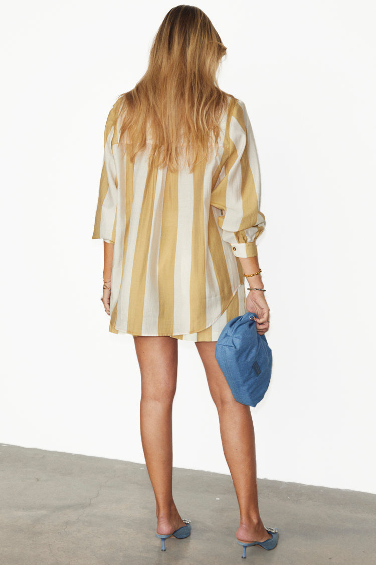 caption_Model wears Camel Stripe Miley Shirt Dress in UK Size 10/ US 6