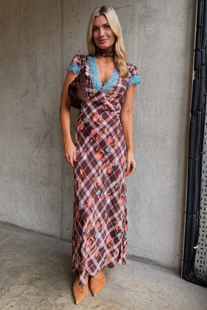 Chocolate brown Check Floral Dress featuring a mix of check and floral prints with contrast blue lace detailing.