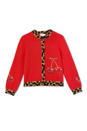 Red Cherry Holly Cardigan in a knit fabric featuring cherry motifs and leopard print trim along the neckline and hem.