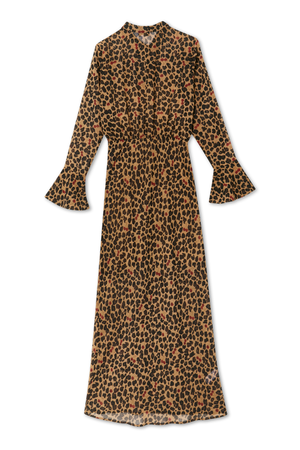 Cherry Leopard Mia maxi dress with tan animal print and red cherry detailing, long sleeves and flared cuffs.